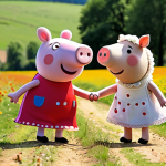 **Prompt:** Peppa Pig and Suzy Sheep, best friends, playing happily in a sunny field filled with colorful French wildflowers. They are holding hands and laughing, showcasing a strong bond of friendship. The style should resemble a vibrant children's book illustration, focusing on the joy and innocence of childhood friendship in a French countryside setting.