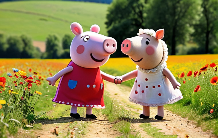 **Prompt:** Peppa Pig and Suzy Sheep, best friends, playing happily in a sunny field filled with colorful French wildflowers. They are holding hands and laughing, showcasing a strong bond of friendship. The style should resemble a vibrant children's book illustration, focusing on the joy and innocence of childhood friendship in a French countryside setting.