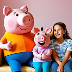 **A heartwarming scene of a family (father, mother, and two young children) sitting on a couch, all smiling and watching Peppa Pig on TV. The room is cozy and brightly lit, with Peppa Pig merchandise (toys, books) visible in the background. Focus on the expressions of joy and togetherness.**