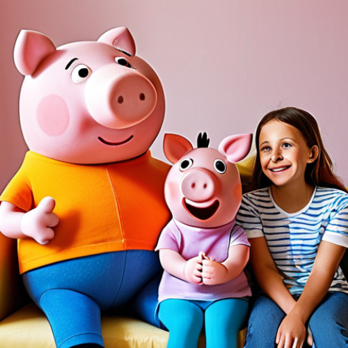 Home 14 **A heartwarming scene of a family (father, mother, and two young children) sitting on a couch, all smiling and watching Peppa Pig on TV. The room is cozy and brightly lit, with Peppa Pig merchandise (toys, books) visible in the background. Focus on the expressions of joy and togetherness.**