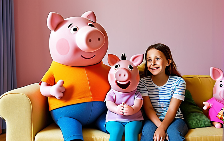 **A heartwarming scene of a family (father, mother, and two young children) sitting on a couch, all smiling and watching Peppa Pig on TV. The room is cozy and brightly lit, with Peppa Pig merchandise (toys, books) visible in the background. Focus on the expressions of joy and togetherness.**