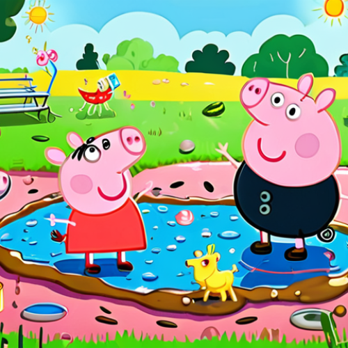 Home 7 **
>Peppa Pig and friends happily playing in muddy puddles in a sunny park. Emphasis on bright colors, cheerful atmosphere, and friendship. Style: Children's book illustration, whimsical.
**