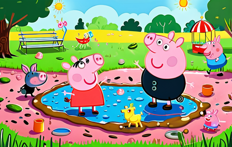 **

>Peppa Pig and friends happily playing in muddy puddles in a sunny park.  Emphasis on bright colors, cheerful atmosphere, and friendship. Style: Children's book illustration, whimsical.

**