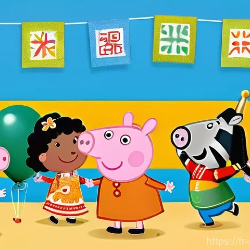 페파피그 문화 다양성 - **Prompt:** "A vibrant and joyful scene during 'International Cultural Week' at Peppa Pig's school. ...