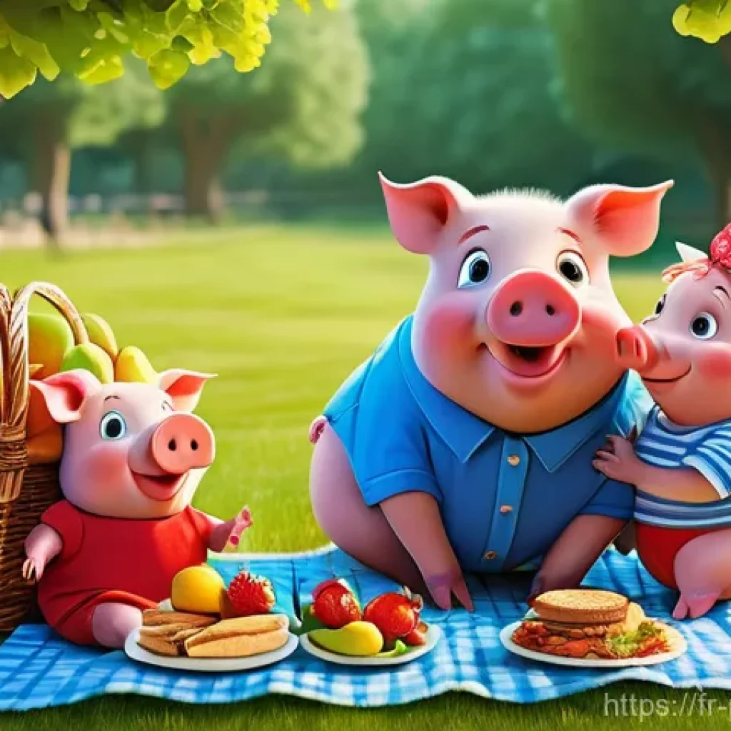 페파피그와 사회적 메시지 - **Prompt:** A vibrant, cheerful scene of a loving pig family enjoying a sunny afternoon picnic in a ...