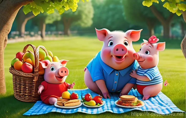 페파피그와 사회적 메시지 - **Prompt:** A vibrant, cheerful scene of a loving pig family enjoying a sunny afternoon picnic in a ...