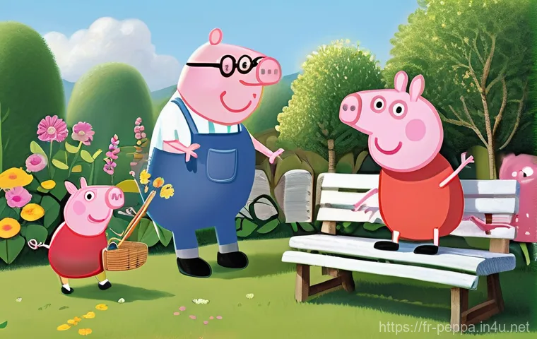 페파피그 유머 코드 분석 - **Prompt 2: Papa Pig's Whimsical Mishap**
    "A charming, cartoon-style illustration depicting Papa...