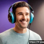 페파피그 성우 정보 - A professional voice actor, focused and expressive, wearing comfortable headphones, stands in a mode...