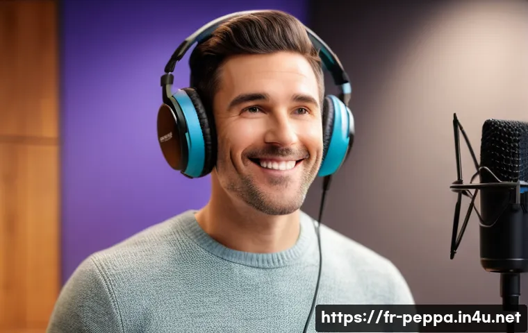 페파피그 성우 정보 - A professional voice actor, focused and expressive, wearing comfortable headphones, stands in a mode...