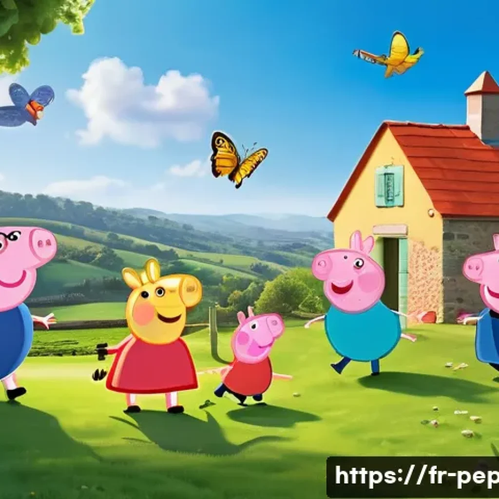 페파피그 세계관 확장 가능성 - A vibrant scene showing Peppa Pig and her friends in a lush French countryside setting during a sunn...