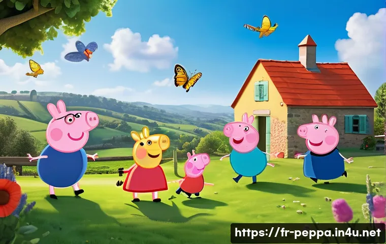 페파피그 세계관 확장 가능성 - A vibrant scene showing Peppa Pig and her friends in a lush French countryside setting during a sunn...