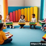 페파피그 배경 음악 제작 스토리 - A cozy and colorful children&rsquo;s music classroom scene featuring a diverse group of young children age...