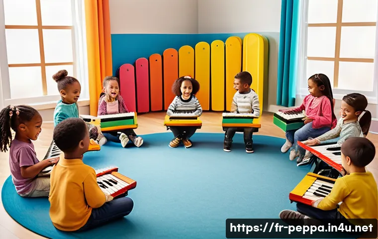 페파피그 배경 음악 제작 스토리 - A cozy and colorful children&rsquo;s music classroom scene featuring a diverse group of young children age...