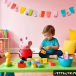 페파피그 장난감 인기 제품 - A cozy children&rsquo;s playroom scene featuring a toddler wearing a colorful diaper playing with Peppa Pi...