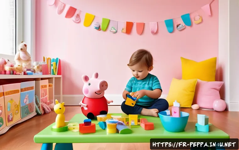 페파피그 장난감 인기 제품 - A cozy children&rsquo;s playroom scene featuring a toddler wearing a colorful diaper playing with Peppa Pi...