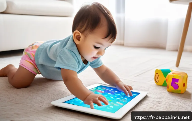 페파피그 온라인 리뷰 사이트 - A cheerful young child wearing a colorful diaper playing an interactive educational game on a bright...