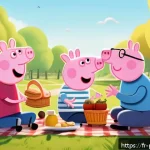 페파피그 시청자층 연령대 - A colorful, minimalist animation style scene depicting a joyful French family picnic in a sunny park...