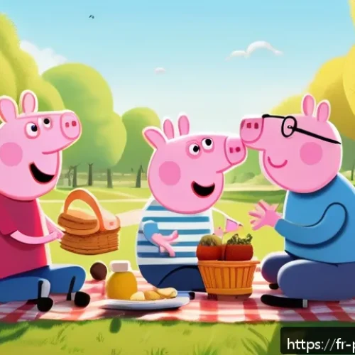 페파피그 시청자층 연령대 - A colorful, minimalist animation style scene depicting a joyful French family picnic in a sunny park...
