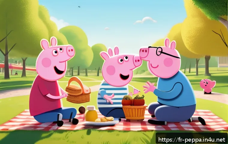 페파피그 시청자층 연령대 - A colorful, minimalist animation style scene depicting a joyful French family picnic in a sunny park...