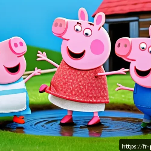 페파피그 영어 학습 자료 - A colorful and charming scene featuring a young animated pig family resembling Peppa Pig, including ...