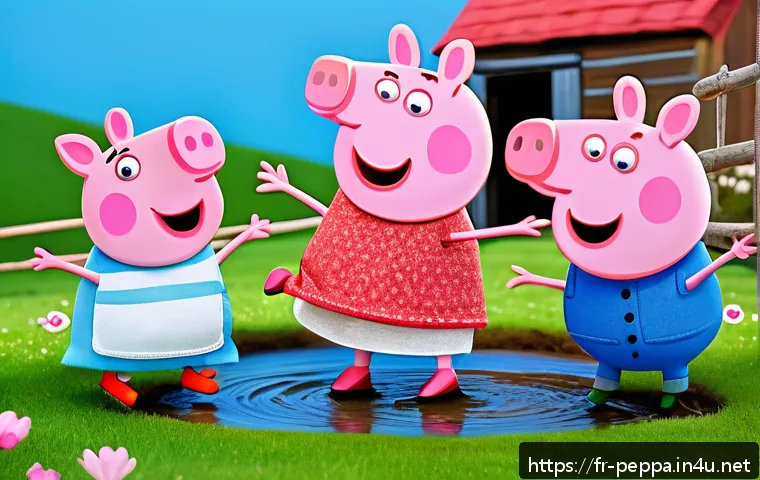 페파피그 영어 학습 자료 - A colorful and charming scene featuring a young animated pig family resembling Peppa Pig, including ...
