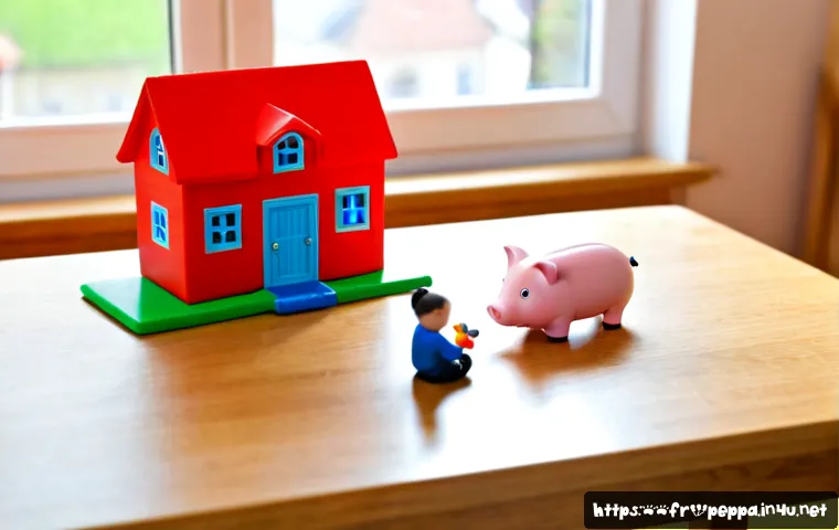 페파피그 놀이 세트 리뷰 - Photorealistic product-review scene of a colorful preschool pig-family playset arranged neatly on a ...